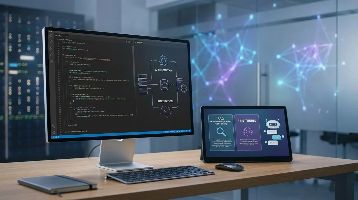 Ekran laptopa przedstawiający kod integracyjny oraz schemat sieci neuronowej bazy danych