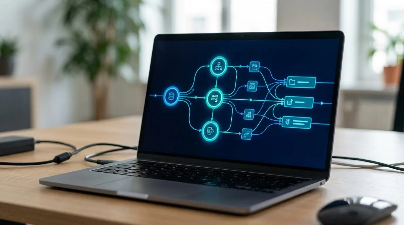 Schemat automatyzacji procesów i integracji systemów na ekranie laptopa.