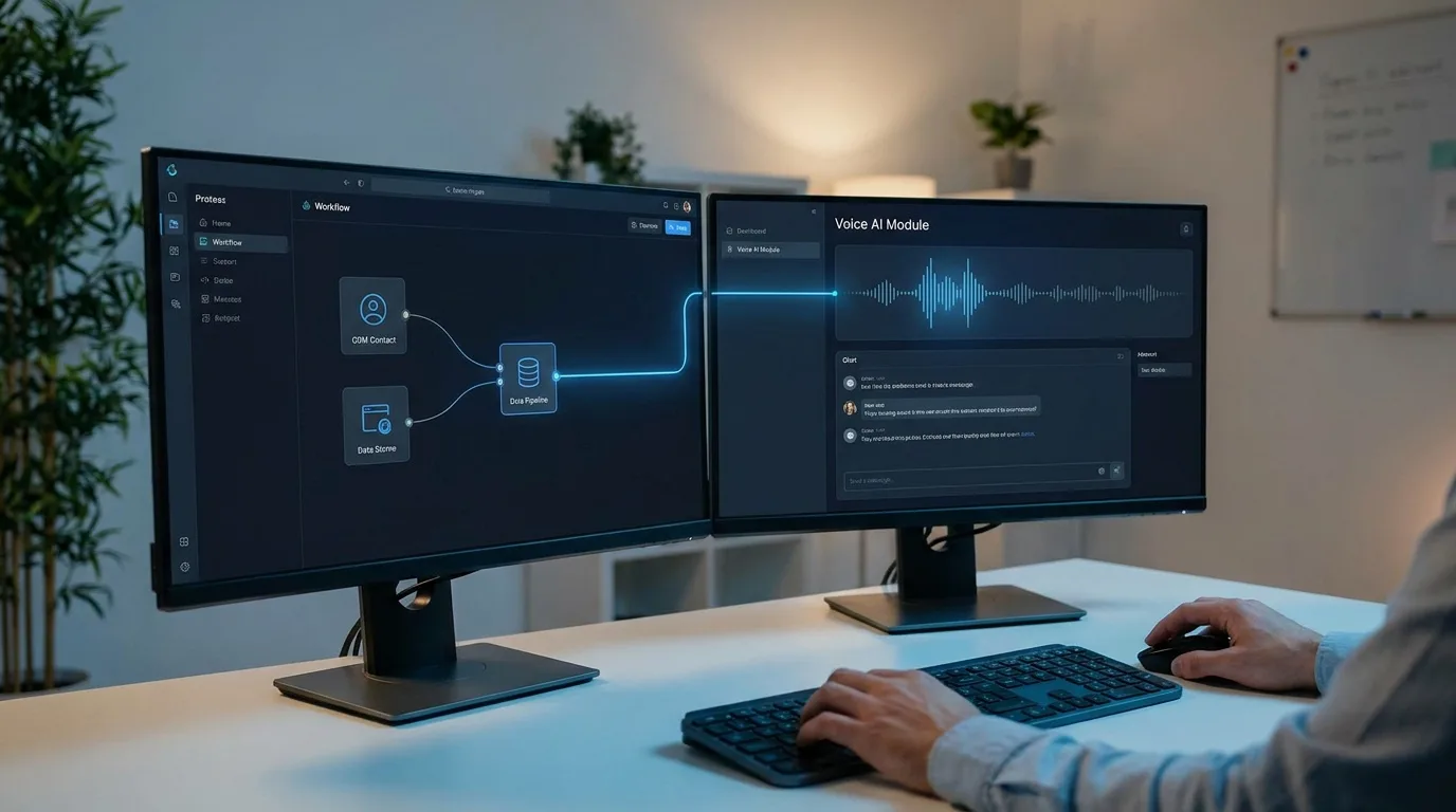 Schemat automatyzacji łączący CRM z asystentem głosowym