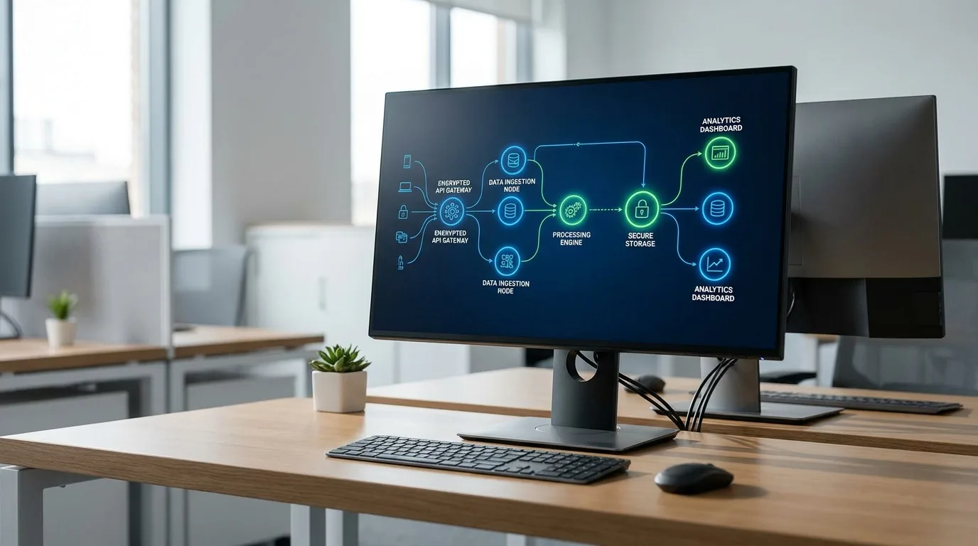 Diagram prywatnej architektury danych RAG łączącej bezpieczne API z bazą wiedzy