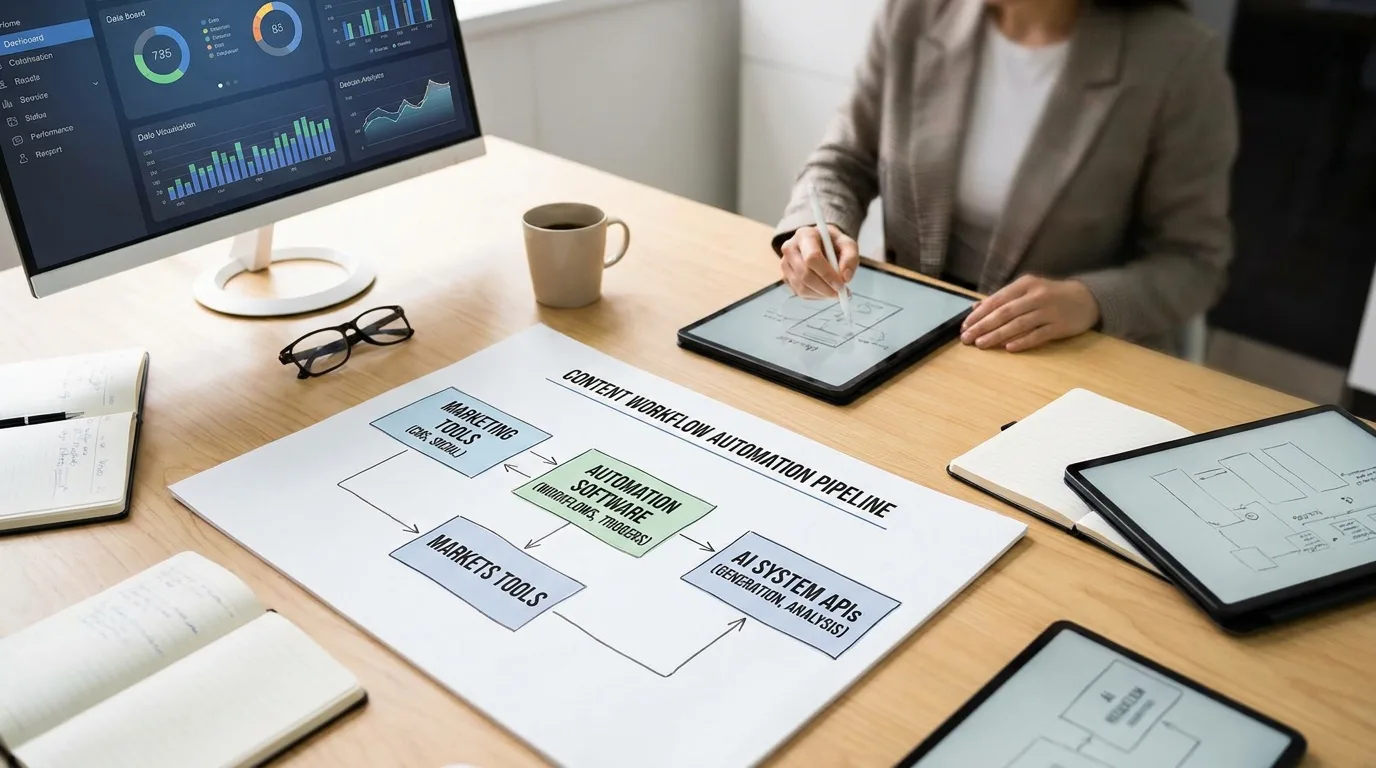 Schemat architektury pipeline treści łączący narzędzia marketingowe i agenty AI